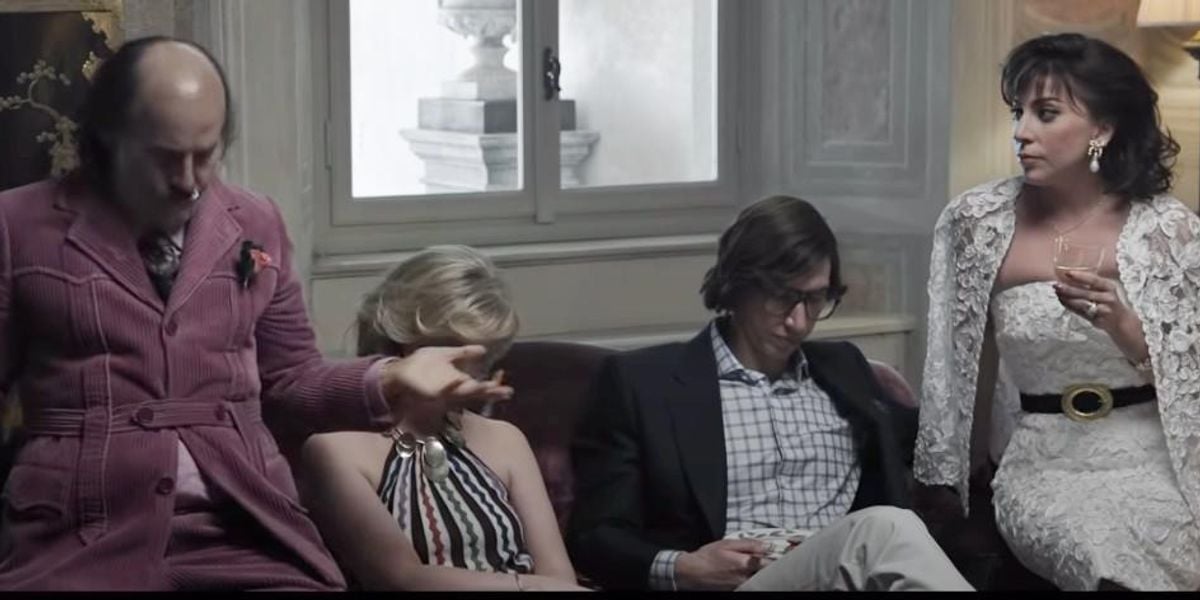 Lady Gaga, Adam Driver, Jared Leto, Camille Cottin in the green salon at Villa Balbiano during House of Gucci filming