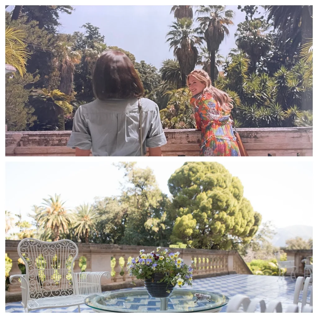 daphne and harper at villa tasca balcony in sicily