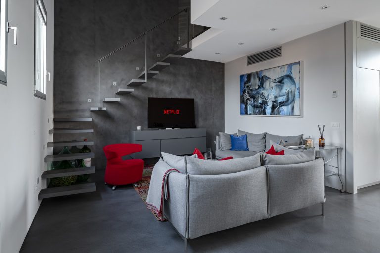 Villa Florbianca, Florence — Living room with floating staircase