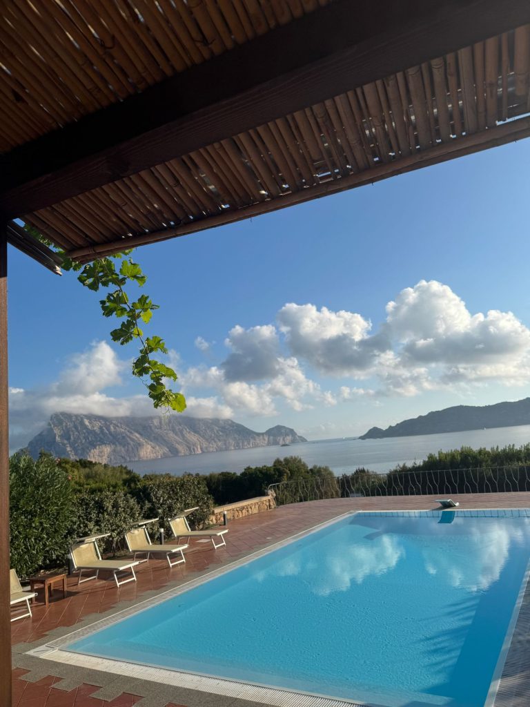 Villa pool under a shaded pergola with views of Tavolara Island, Sardinia